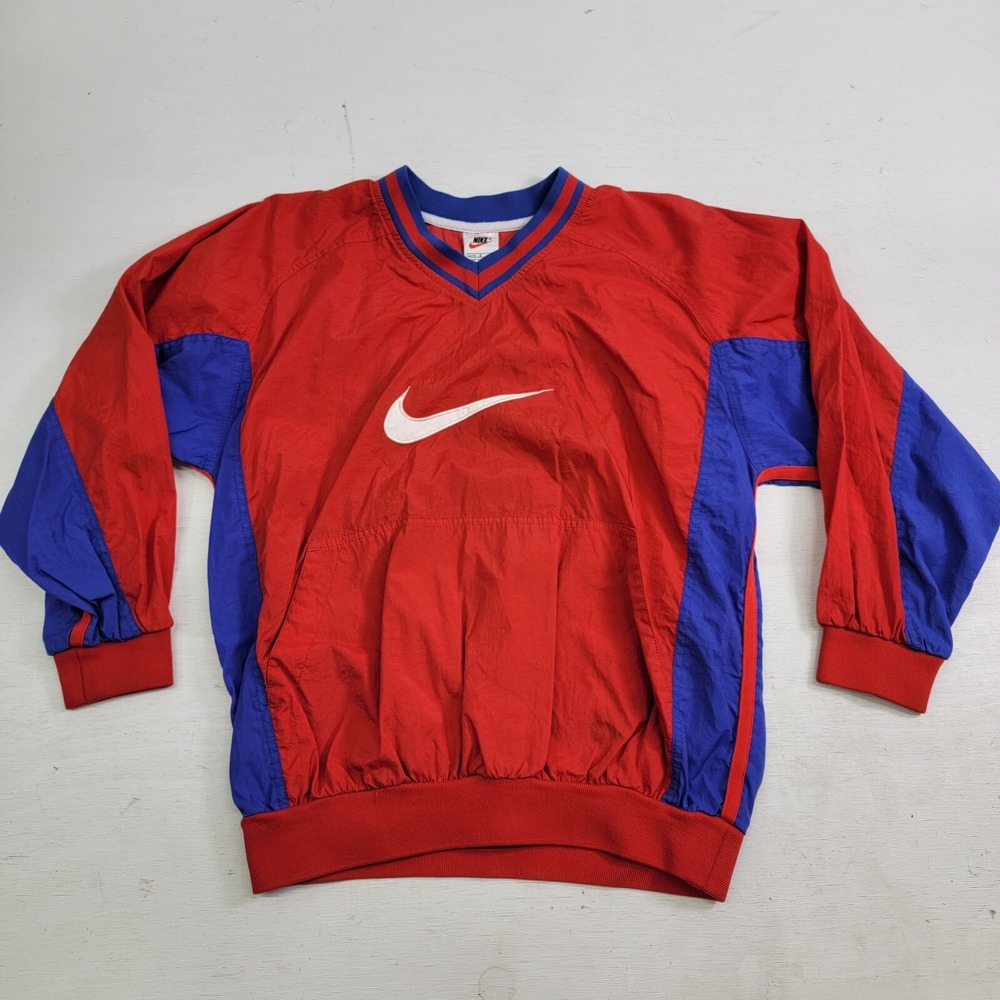 VINTAGE Nike Jacket Boys Sz L Red Blue Center Swoosh Pullover Windbreaker 90s